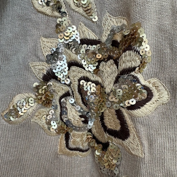 Vintage Cache Knit Silk Blend Tan Cardigan Gold Sequin Floral Embroidery Size S - Picture 7 of 13